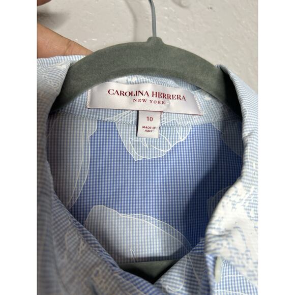 CAROLINA HERRERA Floral Print Three-Quarter Sleeve Blue Button Up Size 10 - Picture 7 of 9